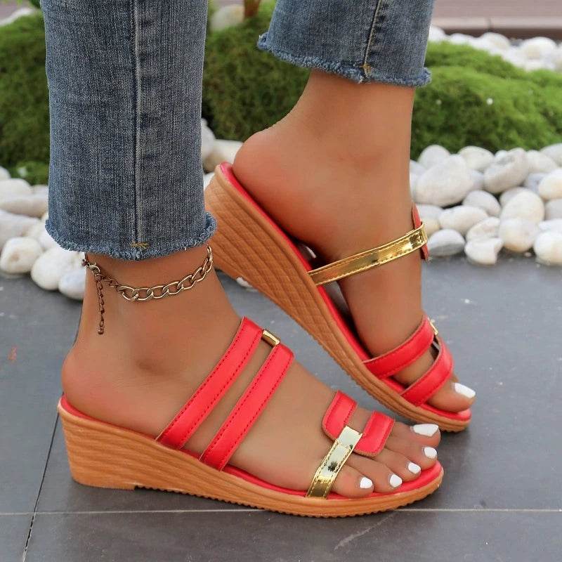 Dames Sleehak Sandalen met Gouden Accenten - Comfortabele Open Teen Sandalen voor Zomer